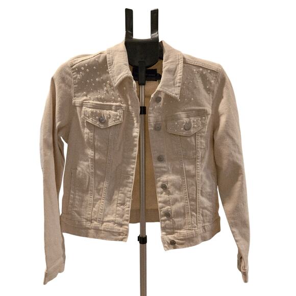 NWT Calvin Klein Pearl Embellished White Denim Jacket Sz Small - Picture 1 of 7